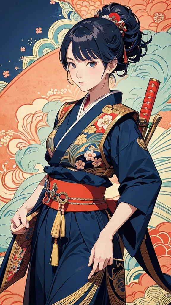 flat color, ukiyoe-style, (best quality, masterpiece, ultra high-resolution, ultra-detailed: 1.2), A vibrant and colorful illustration of an anime-style female samurai character with deep blue wavy-short hair, tween, holding her sword in front of her face. She is wearing traditional Japanese adorned with floral patterns, a backdrop filled with colorful patterns representing ancient symbols and floral motifs. The background is richly detailed with geometric shapes that add depth to their figure's presence, creating a whimsical atmosphere. The background features bold colors and intricate designs that add to the overall visual appeal. This artwork showcases vivid hues, intricate details on both attire and armor, capturing movement as she walks forward in the style of intricate details on both attire and armor, capturing movement as she walks forward.