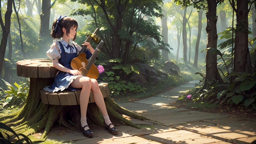 master piece, ultra detailed, hyper realistic, (Girl sitting on a stump playing classical guitar:1.4), Alice in wonderland dress, blue dress with white apron, peter pan collar, puff sleeves, knee-length skirt, white stockings, black Mary jane shoes, An infectious smile that makes everyone around feel happy, flower field, a forest with sunlight filtering through the trees, creating a spotlight like effect of dappled light, detailed lighting, intricate shadows, warm tones, highly detailed, photorealistic, A Dutch angle shot, tilted to one side for a dynamic and dramatic effect, 