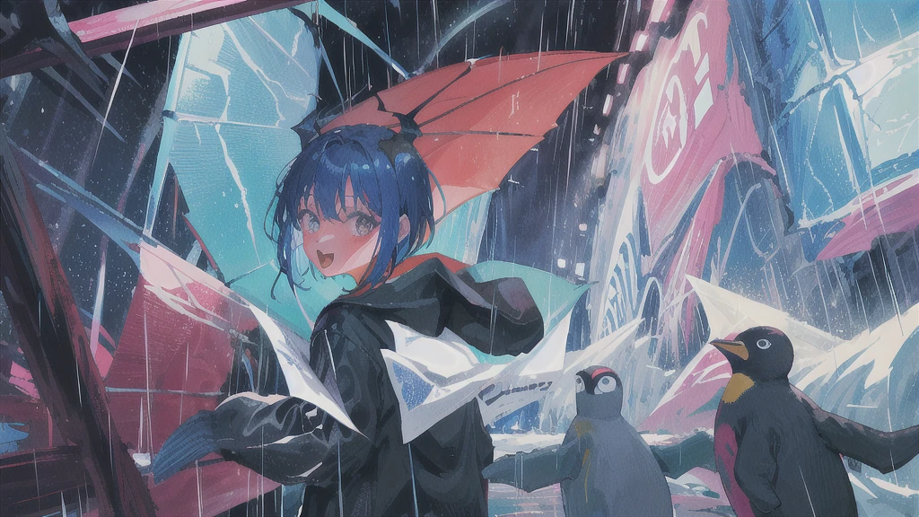 Close-up of color painting of a devil with a big mouth, penguin、penguin、Psychedelic Laughing Devil, Scary color art in 4K, rain、rain、Colorful and sinister background, Blue Hair、Short bob hairstyle、He&#39;s also wearing a black t-shirt、Black on the neckﾁｮｰｶｰ、penguin、penguin、penguin、Psychedelic space horror, Hypercolor Digital Art, Vibrant colors、Attention to detail, Colorful explosions, Colorful horror art, Colorful Film Art, Colorful illustration, Vivid neon ink painting, Incredibly detailed color art