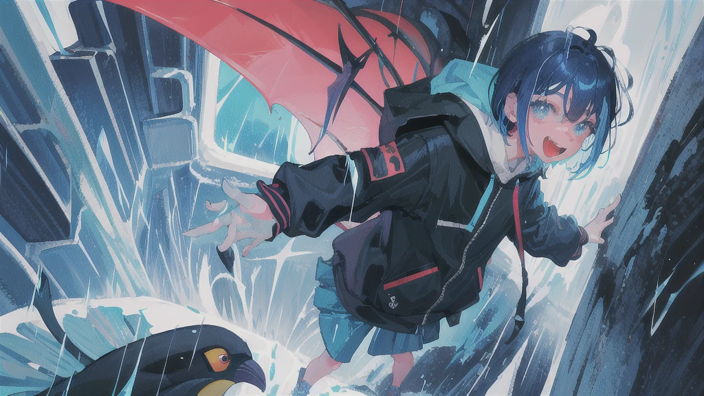 Close-up of color painting of a devil with a big mouth, penguin、penguin、Psychedelic Laughing Devil, Scary color art in 4K, rain、rain、Colorful and sinister background, Blue Hair、Short bob hairstyle、He&#39;s also wearing a black t-shirt、Black on the neckﾁｮｰｶｰ、penguin、penguin、penguin、Psychedelic space horror, Hypercolor Digital Art, Vibrant colors、Attention to detail, Colorful explosions, Colorful horror art, Colorful Film Art, Colorful illustration, Vivid neon ink painting, Incredibly detailed color art