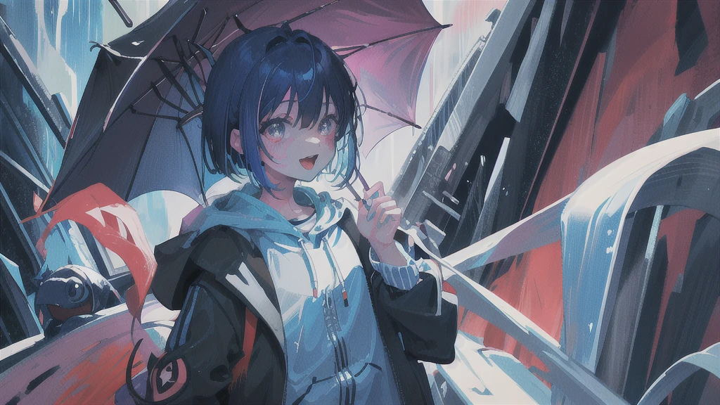 Close-up of color painting of a devil with a big mouth, penguin、penguin、Psychedelic Laughing Devil, Scary color art in 4K, rain、rain、Colorful and sinister background, Blue Hair、Short bob hairstyle、He's also wearing a black t-shirt、Black on the neckチョーカー、penguin、penguin、penguin、Psychedelic space horror, Hypercolor Digital Art, Vibrant colors、Attention to detail, Colorful explosions, Colorful horror art, Colorful Film Art, Colorful illustration, Vivid neon ink painting, Incredibly detailed color art