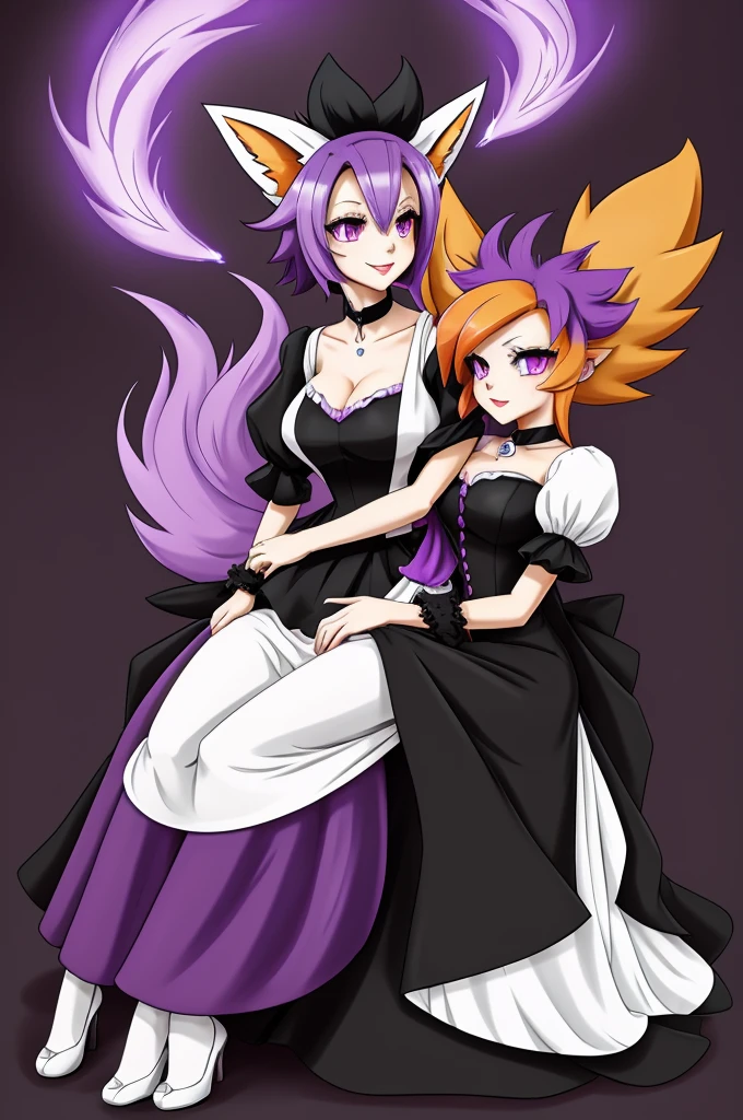 Braixen the fox pokemon in a long black and white maid outfit she keeps her own colors sitting on a bright red fox colored with purple hair on its head and purple eyes along with grey paws she siton the male's face with cum from braixens pussy dripping over the red foxes face