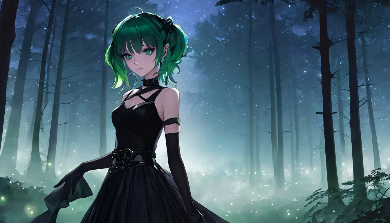 ubel,1girl,green hair, bangs,hair between eyes,side ponytail, purple eyes, black choker, collarbone, sleeveless, black dress,sleeveless dress, halterneck,pleated skirt, black gloves,belt,black footwear, forest, dark forest, night, moonlight, moonrays, fog