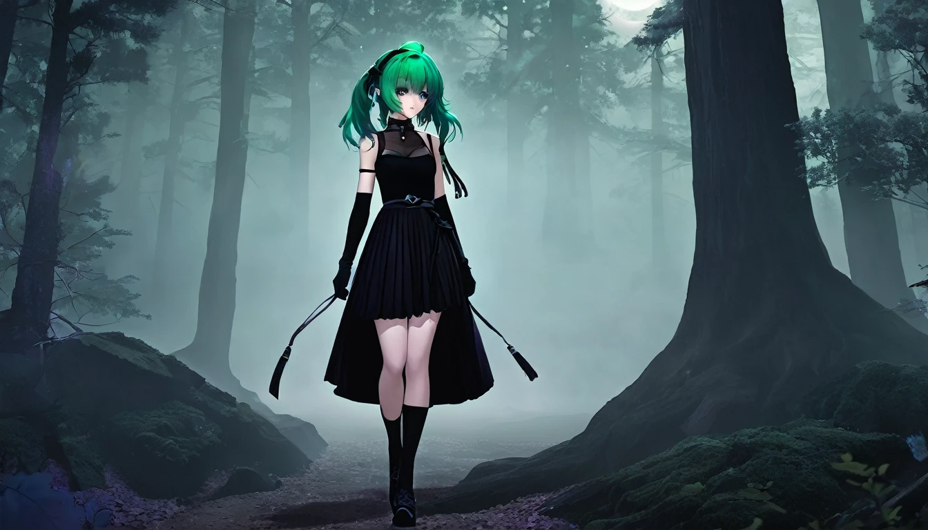 ubel,1girl,green hair, bangs,hair between eyes,side ponytail, purple eyes, black choker, collarbone, sleeveless, black dress,sleeveless dress, halterneck,pleated skirt, black gloves,belt,black footwear, forest, dark forest, night, moonlight, moonrays, fog