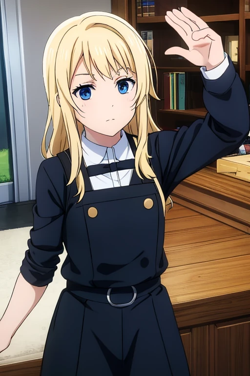 curly blonde brown, blue eyes, black dungarees dress, long-sleeved white uniform blouse.