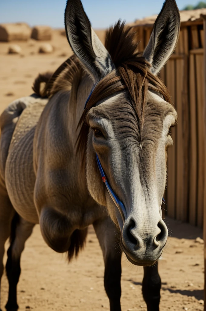 A donkey crying in 3D animation style. The donkey is standing, with head tilted slightly downward. His large, expressive eyes are filled with tears that run down his snout.. The donkey&#39;s fur is detailed and textured, with shades of gray and brown. The lighting is soft and emotional, highlighting the sad expression of the animal. The background is simple and out of focus to keep the attention on the donkey. The general style is similar to Pixar or DreamWorks animated films, with a glossy and high quality finish.