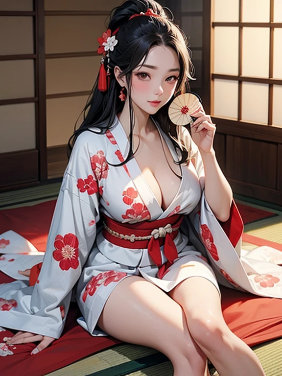 (Highest quality、masterpiece、High resolution、8K)、Ukiyo-e、Vibrant colors、Utamaro、Edo Period、Flowers of Yoshiwara、1 flower kui、whole body、Japanese-style room、It is a tatami room.、There is a candle light、Utamaroの絵のモデル、Oiran Hair、Decoration、The kimono is white with red floral patterns、Sitting、Sitting sideways、Her kimono flips up, exposing the bare skin of her legs.、One hand is holding a fan open、Model&#39;s gestures and expressions、Official Art、