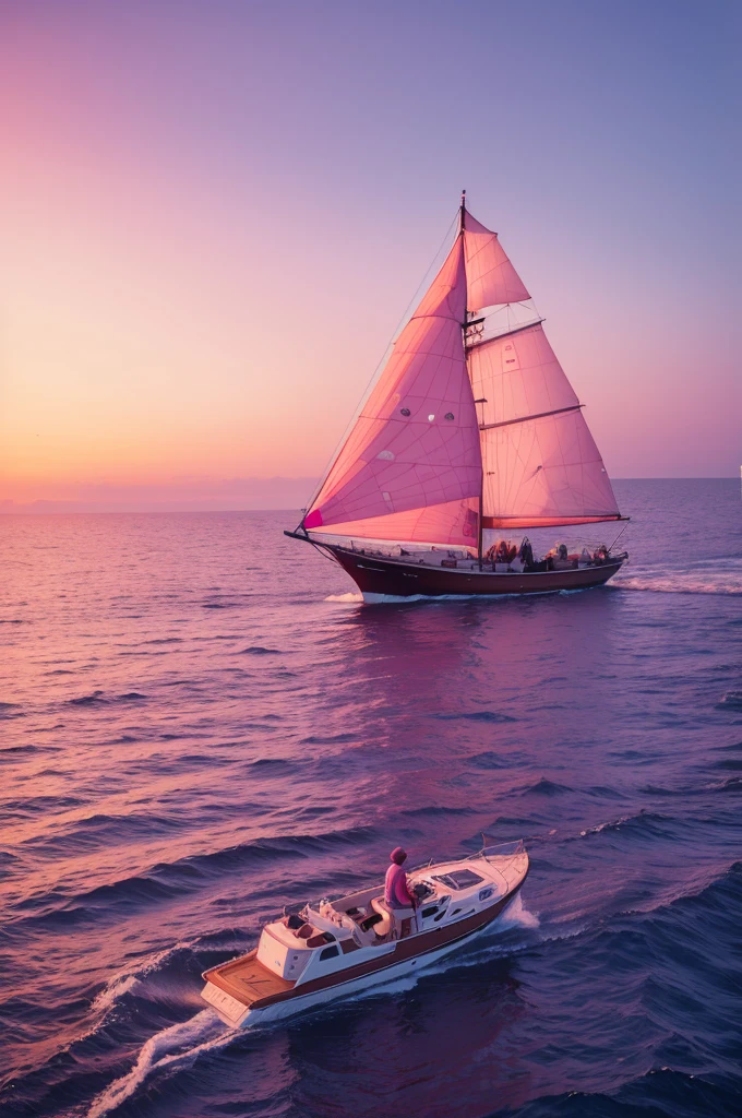 Person sailing on a boat, in a pink sea, with binoculars 