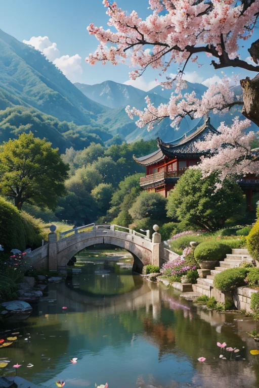 A beautiful detailed peach blossom garden in ancient China, lush peach trees in full bloom, intricate stone bridges, serene ponds with lotus flowers, exquisite traditional Chinese architecture, ancient scholars strolling through the garden, (best quality,4k,8k,highres,masterpiece:1.2),ultra-detailed,(realistic,photorealistic,photo-realistic:1.37),HDR,UHD,studio lighting,ultra-fine painting,sharp focus,physically-based rendering,extreme detail description,professional,vivid colors,bokeh,landscape,intricate details,cinematic lighting,warm color palette