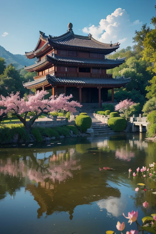 A beautiful detailed peach blossom garden in ancient China, lush peach trees in full bloom, intricate stone bridges, serene ponds with lotus flowers, exquisite traditional Chinese architecture, ancient scholars strolling through the garden, (best quality,4k,8k,highres,masterpiece:1.2),ultra-detailed,(realistic,photorealistic,photo-realistic:1.37),HDR,UHD,studio lighting,ultra-fine painting,sharp focus,physically-based rendering,extreme detail description,professional,vivid colors,bokeh,landscape,intricate details,cinematic lighting,warm color palette