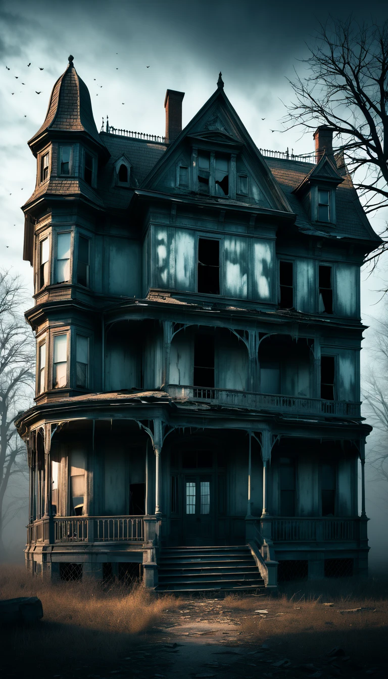 The exterior of a decrepit haunted house, with broken windows and an ominous aura.