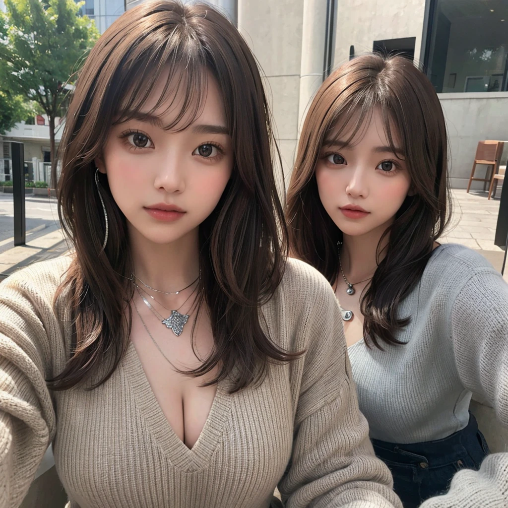 ((1girl in:1.3)),Light Brown Fringe Hair、disheveled hair、Light brown eyes、(dignified expression)、((Fashion magazine outfits))、(Big Tits:1.1)、Emphasize the valley、(Photorealsitic)、(intricate detailes:1.2)、(masterpiece、:1.3)、(top-quality:1.4)、(超A high resolution:1.2)、超A high resolution、(A detailed eye)、(detailed facial features)、((Silver necklace))、Posing like a fashion model