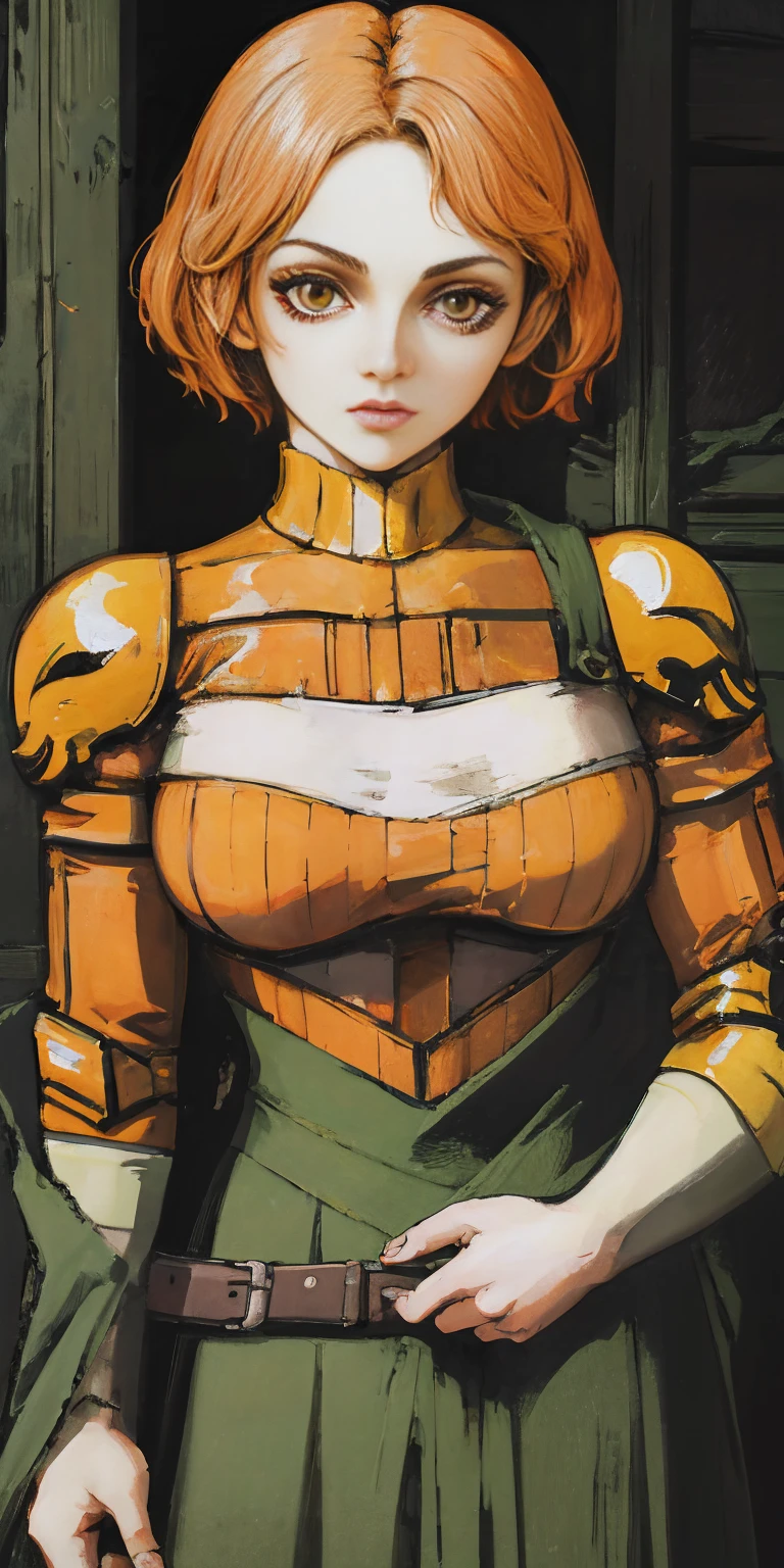 funger, very detailed illustration, 1girl, big breasts, highres, high quality, masterpiece, looking at viewer, (knight), orange hair, absurdres, ultra-detailed, short hair