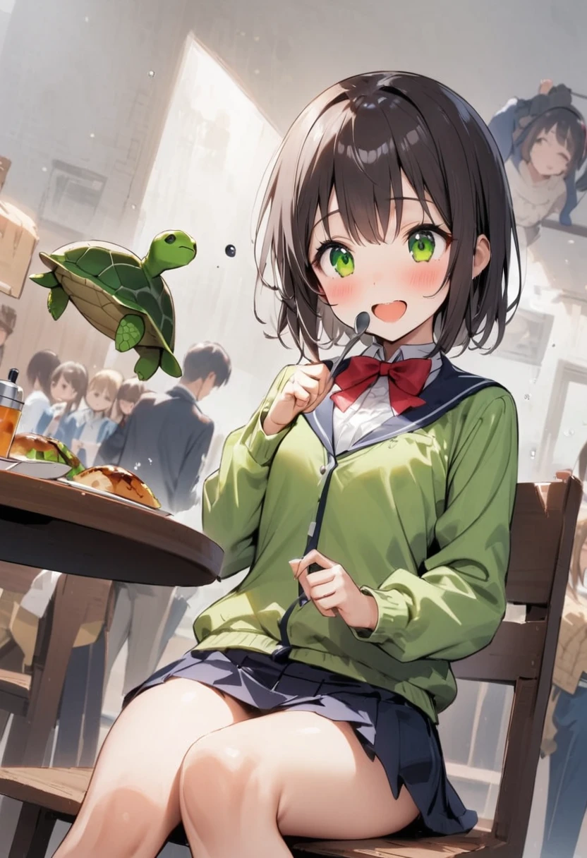 学校のschool lunchで、Eat a giant green turtle、school lunch、Girl、Girl、Short、Younger、、flat chest、Dynamic Angle、masterpiece、best quality、ultra-detail、Light clothing、Lots of turtle disheeal、classmate、joy、grateful、泣きjoy、A big smile、Open your mouth、Vomit、mini skirt、Panties、canteen、Sitting in a chair、Many children ing、Eat a turtle、Turtles are my favorite food、Turtle is delicious、spoon、table
