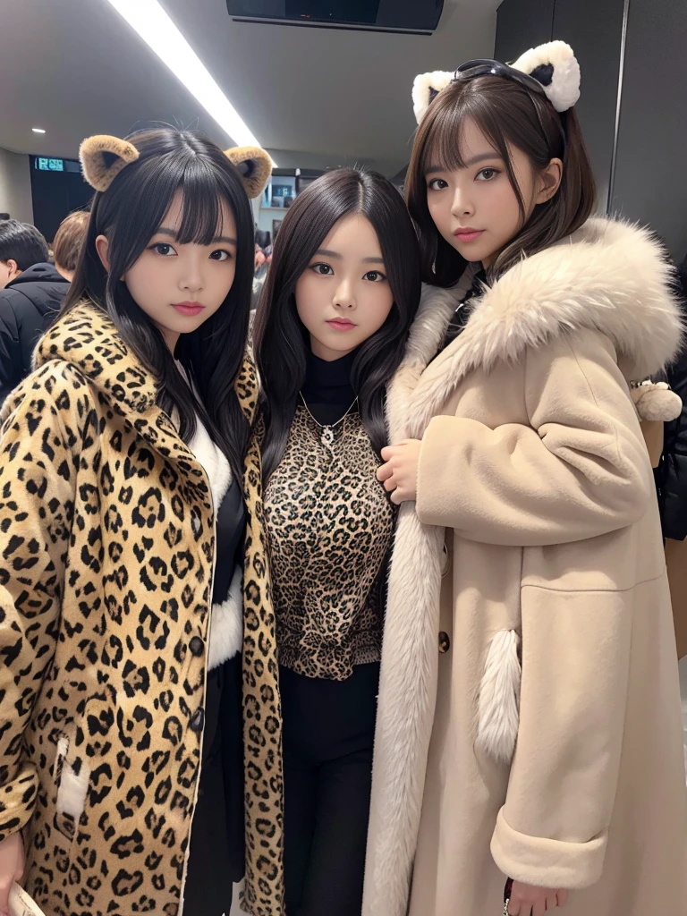 fluffyの毛皮。fluffy。Three Girls Leopard Print Fur、Luxurious fur、ヒョウ柄のFur coat、Fur coat、Fur Cape、Black fur cuffs