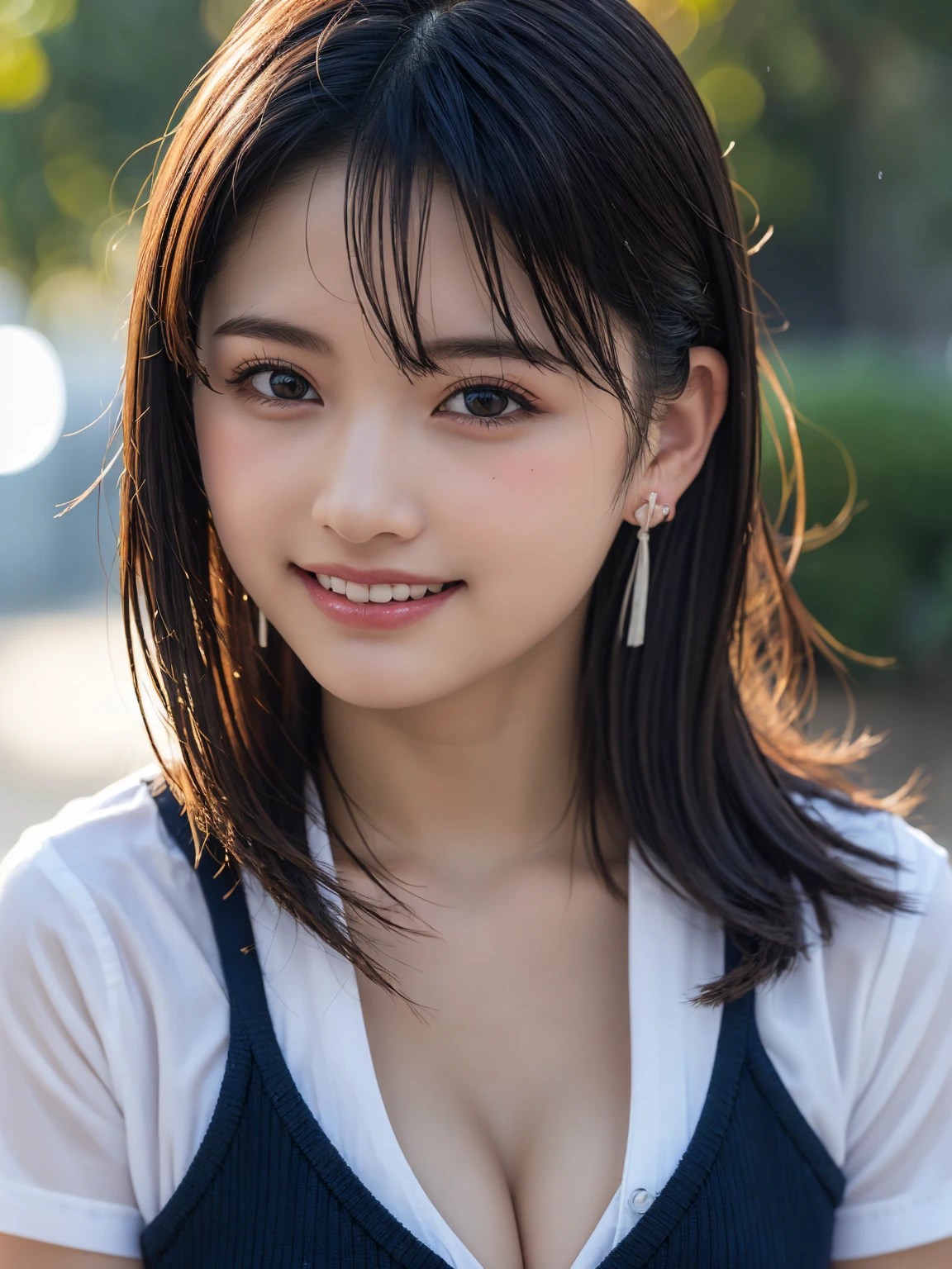 (8k, RAW photo, highest quality, high resolution:1.1), (Ultra-Realistic:1.4),(Realistic, Realistic:1.3), Solit Light,Big,Two Girls,Realistic Face,Realistic Body,Realistic Skin,Confused,Masterpiece,(Cute:1.8), Cute Girls, Alone, (Big:1.2), Detailed Black Eyes,Innocent Eyes,Blush,(School Uniform:1.2),Cinema Lighting,Film Grain,Jewelry,Earrings,((Medium Hair:1.1)),((Floating Hair Novalog Style)),Cherry Blossom Lips,Hair Ribbon,Hair Ribbon,Ponytail,Close,Look Viewer,Long Hair,Upper Body,Open Lips,Upper Teeth, (Smiling Eyes:0.6),((Grinning:1.2)),Depth of Field,Blurred Background,Eye Focus,Bokeh,Young,85mm Lens, 1.4,Professional Lighting, Young,Portrait,Photon Mapping,Radiosity,Physically Based Rendering,Asian, [Ponytail],(Big Breasts, Cleavage:1.3),((Dancing in the Rain)),((High School Girl:1.3)),Frontal,Cowboy Shot