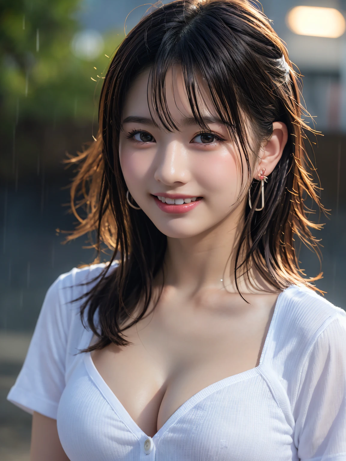 (8k, RAW photo, highest quality, high resolution:1.1), (Ultra-Realistic:1.4),(Realistic, Realistic:1.3), Solit Light,Big,Two Girls,Realistic Face,Realistic Body,Realistic Skin,Confused,Masterpiece,(Cute:1.8), Cute Girls, Alone, (Big:1.2), Detailed Black Eyes,Innocent Eyes,Blush,(School Uniform:1.2),Cinema Lighting,Film Grain,Jewelry,Earrings,((Medium Hair:1.1)),((Floating Hair Novalog Style)),Cherry Blossom Lips,Hair Ribbon,Hair Ribbon,Ponytail,Close,Look Viewer,Long Hair,Upper Body,Open Lips,Upper Teeth, (Smiling Eyes:0.6),((Grinning:1.2)),Depth of Field,Blurred Background,Eye Focus,Bokeh,Young,85mm Lens, 1.4,Professional Lighting, Young,Portrait,Photon Mapping,Radiosity,Physically Based Rendering,Asian, [Ponytail],(Big Breasts, Cleavage:1.3),((Dancing in the Rain)),((High School Girl:1.3)),Frontal,Cowboy Shot