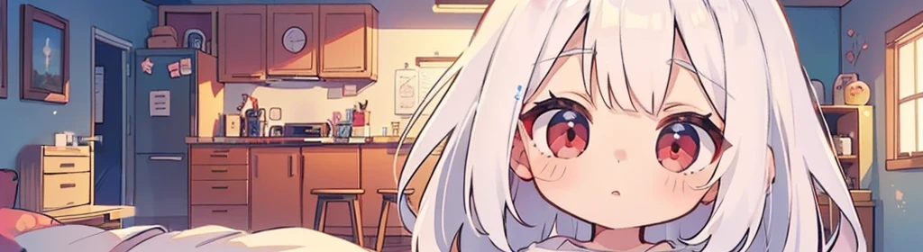 ((((1girl:1.5)))), white hair, red eyes, long hair, (collarbone:1.4), (animation style), (2d, chibi, cute, cute, small , big eyes), skin color white, think about something, background/(in the room ,modern pink girl's room, bed, Soft mood lighting), ((a single rose))