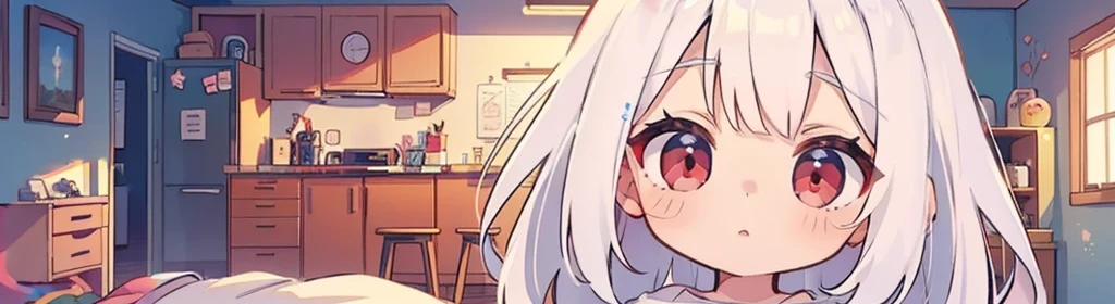 ((((1girl:1.5)))), white hair, red eyes, long hair, (collarbone:1.4), (animation style), (2d, chibi, cute, cute, small , big eyes), skin color white, think about something, background/(in the room ,modern pink girl&#39;s room, bed, Soft mood lighting), ((a single rose))