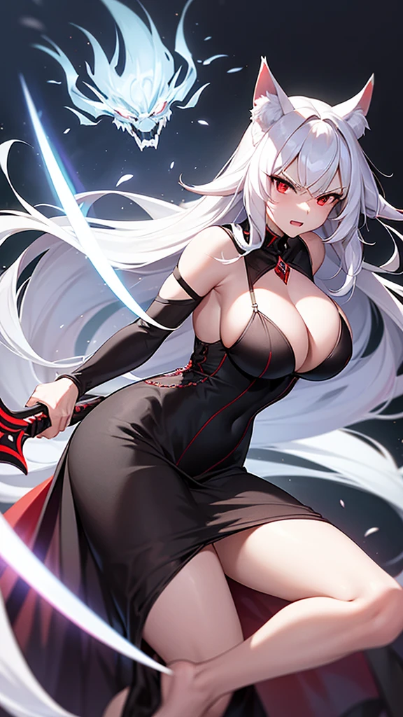 An adult woman half fox and wolf, wide breasts, red eyes, white hair, very angry, in a black little open dress, holding a sword