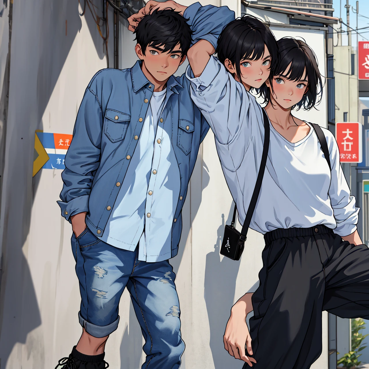 Best quality, masterpiece level, ultra-high resolution RAW format photo, fidelity 1.4, 1 boy, cute girl Lora (cuteGirlMix4_v10:0.5) specific face features, denim style shot, shot against the background of blue collar white shirt, black sweatpants and Air Jordan 1 Retro High OG black shoes, short hair, height 1.82 meters.