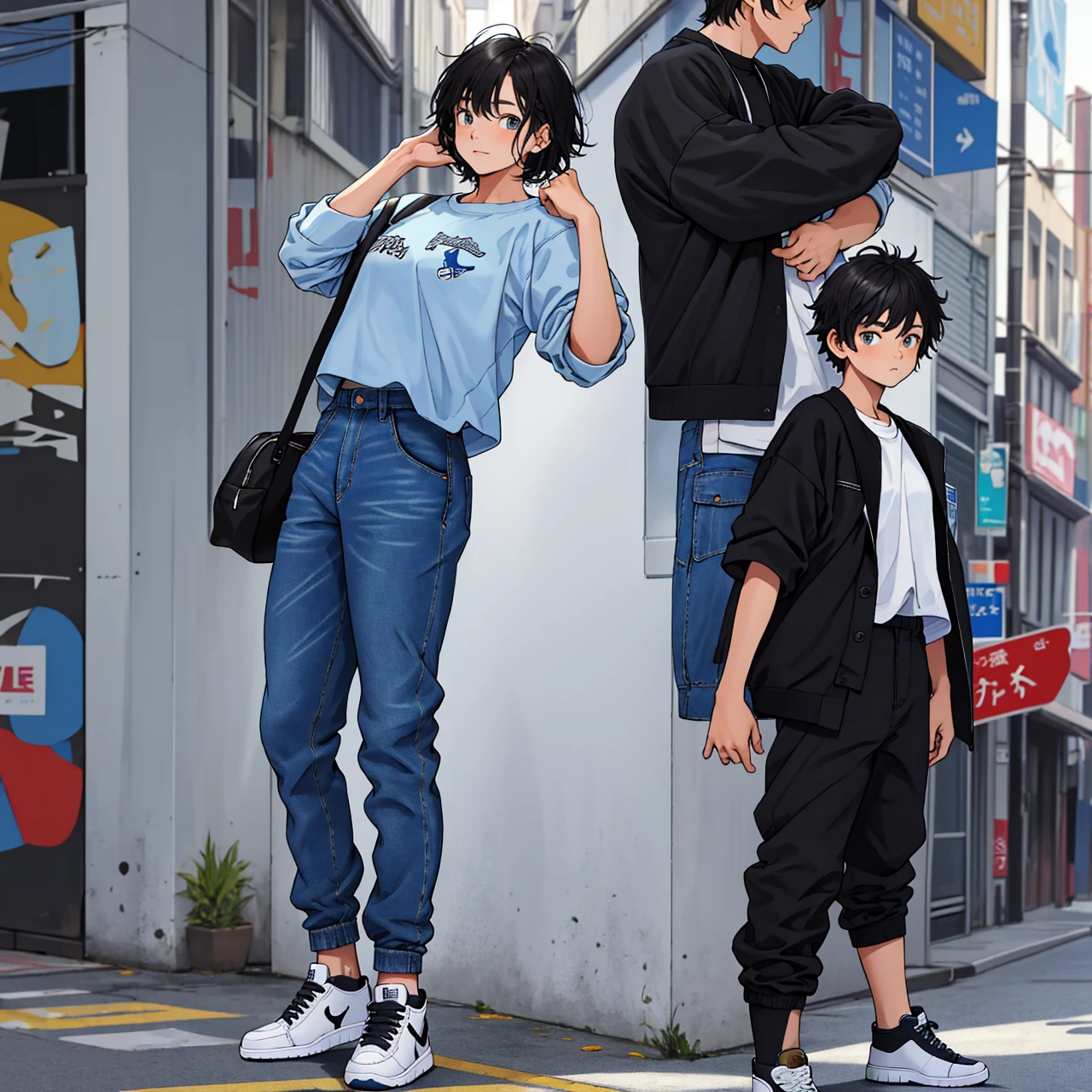 Best quality, masterpiece level, ultra-high resolution RAW format photo, fidelity 1.4, 1 boy, cute girl Lora (cuteGirlMix4_v10:0.5) specific face features, denim style shot, shot against the background of blue collar white shirt, black sweatpants and Air Jordan 1 Retro High OG black shoes, short hair, height 1.82 meters.
