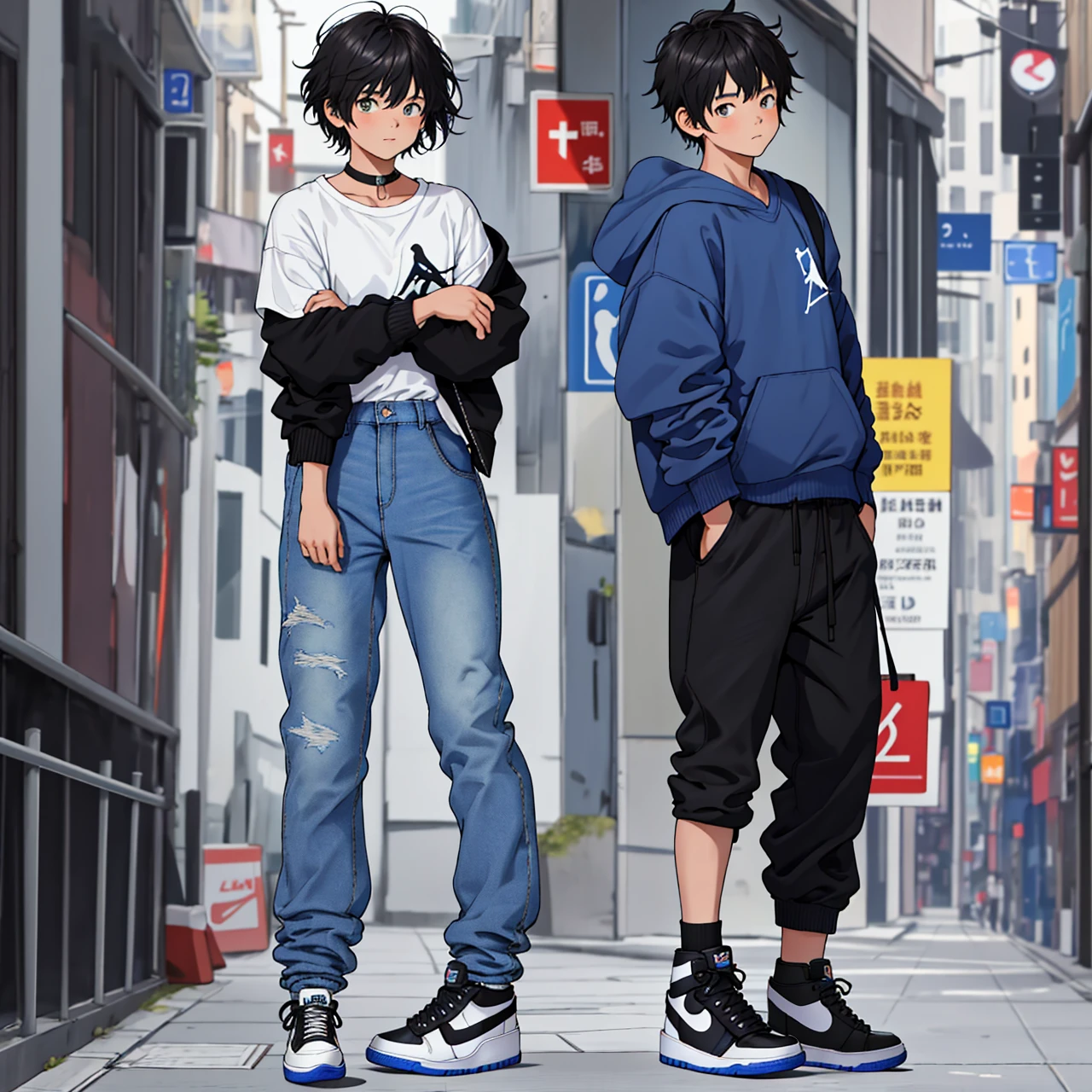 Best quality, masterpiece level, ultra-high resolution RAW format photo, fidelity 1.4, 1 boy, cute girl Lora (cuteGirlMix4_v10:0.5) specific face features, denim style shot, shot against the background of blue collar white shirt, black sweatpants and Air Jordan 1 Retro High OG black shoes, short hair, height 1.82 meters.