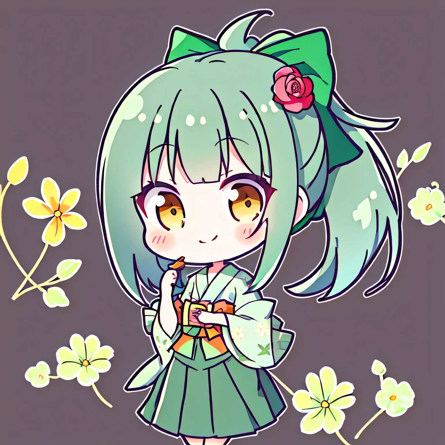 Highest quality, masterpiece, High resolution, alone, yukata_green, whole body、Simple Background、Solid Background、Flower pattern background、chibi, Flat avatar, solo, {Yubari_Fleet Collection:1.15}, ponytail, Front hair, brown_eye, bow, hair_bow, green_hair, gray_hair, Seraphim, smile, One girl, flower, hair_flower, hair_ornament, Stand with hands together