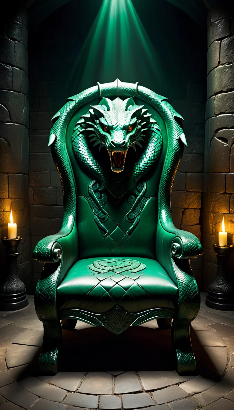 A sinister throne adorned with carved serpents, their eyes made of gleaming emeralds. The armrests are fashioned to resemble coiled vipers, ready to strike. The backrest is high and elegantly curved, covered in dark, scaled leather. The throne is set in a dimly lit chamber with stone walls covered in ancient snake motifs and flickering torchlight casting eerie shadows.