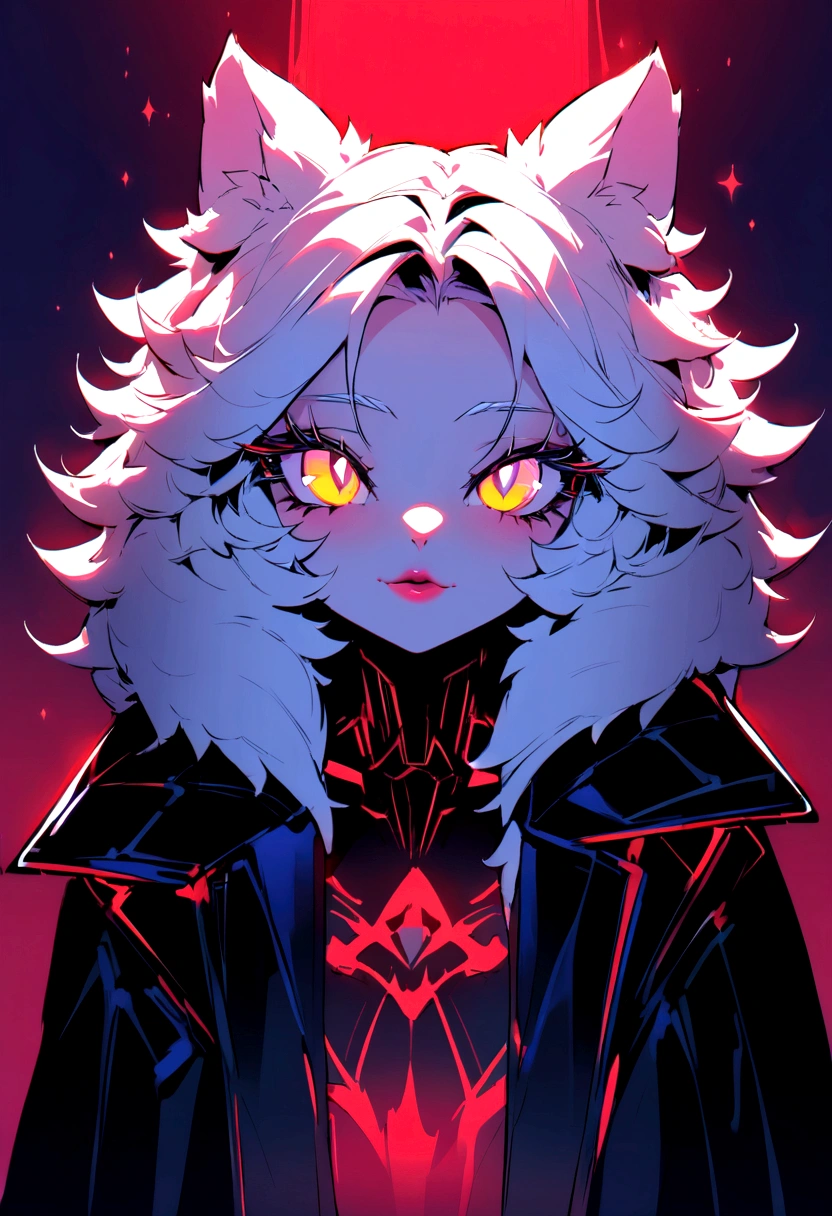(hight resolution,Masterpiece:1.2),Vivid colors,beautiful detail eyes,beautiful detailed lips,long eyelashes,black coat,fluffy fur,cute expression,Feline Grace,Let's move on to the camera,on a red background, Neon, night time, ciberpunk
