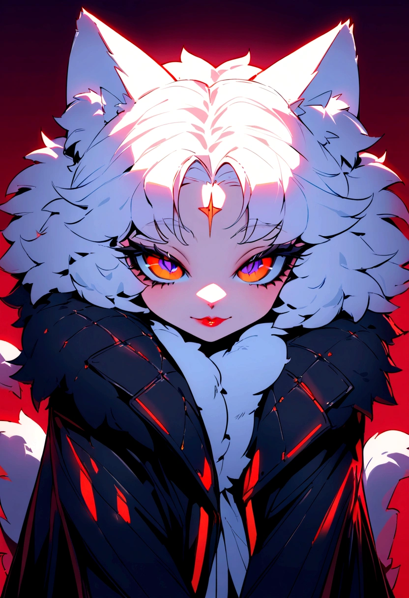 (hight resolution,Masterpiece:1.2),Vivid colors,beautiful detail eyes,beautiful detailed lips,long eyelashes,black coat,fluffy fur,cute expression,Feline Grace,Let's move on to the camera,on a red background, Neon, night time, ciberpunk