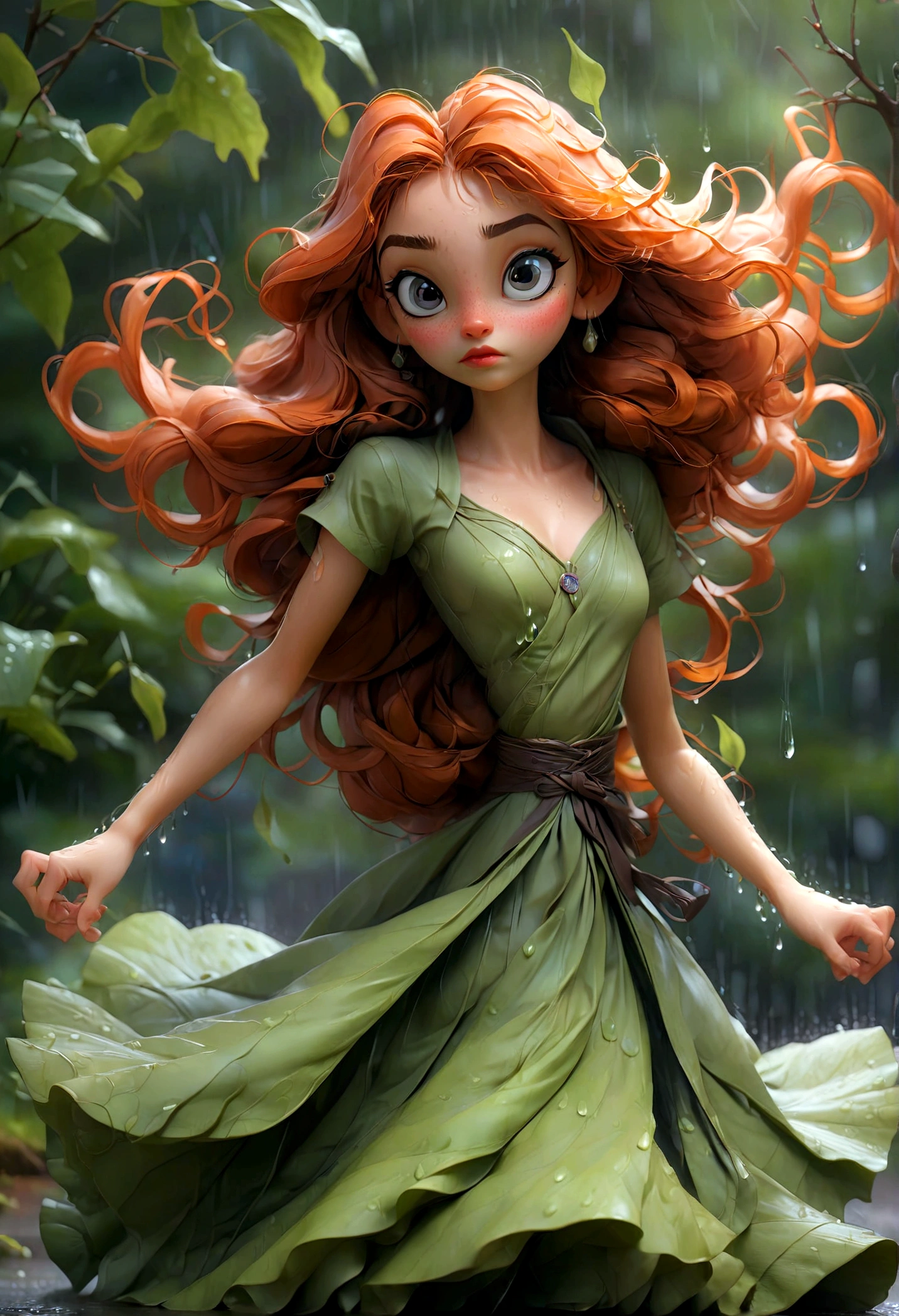 1girl, Dancing in the Rain, A woman dancing in the rain, elegant and graceful, raindrops sparkling on her skin, long flowing dress billowing in the wind, serene expression, peaceful atmosphere, natural lighting, lush green foliage in the background, moody and atmospheric, ethereal and dreamlike, cinematic composition, high-quality detailed rendering, 8k, hyper-detailed, masterpiece, best quality, very aesthetic, absurdres