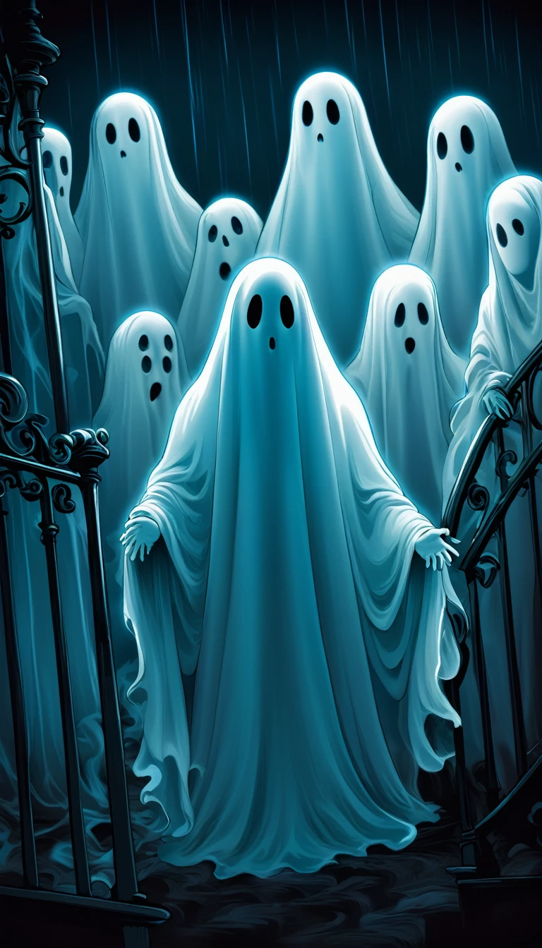 Multiple ghostly figures appearing around the friends, all looking trapped and horrified.