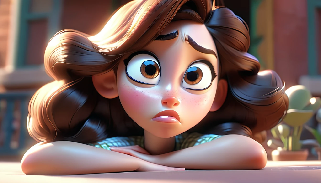 a character overwhelmed,on the verge of breaking down,intense emotion,Disney Pixar style,detailed facial features,beautiful detailed eyes,beautiful detailed lips,extremely detailed face,long eyelashes,intricate expression,soft lighting,warm color palette,cinematic composition,highly detailed, masterpiece, photorealistic, hyper realistic, 8k