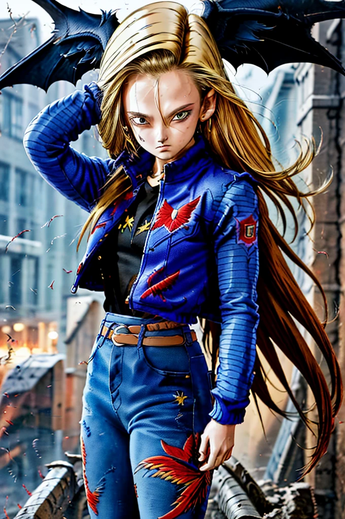 Masterpiece artwork, high qualiy, 1 girl, standing alone, long hair, (hair between the eyes), (hair fluttering in the wind), bat wings, disappointed face, (Embroidered sweater, cropped flare jeans, leather blazer)