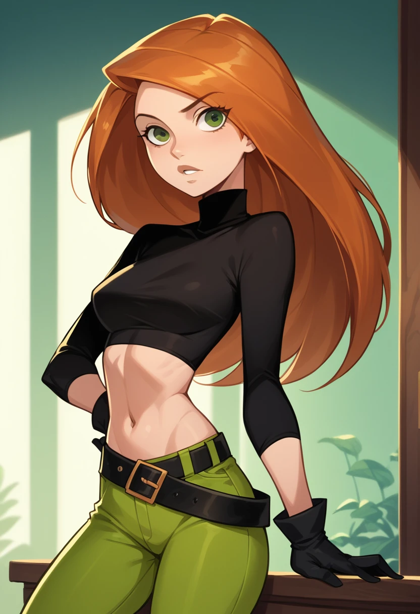 kim_possible,1girl,solo,long hair,black gloves,navel,green eyes,midriff,belt,green pants,orange hair,black crop top,turtleneck,room,room background,cowboy shot