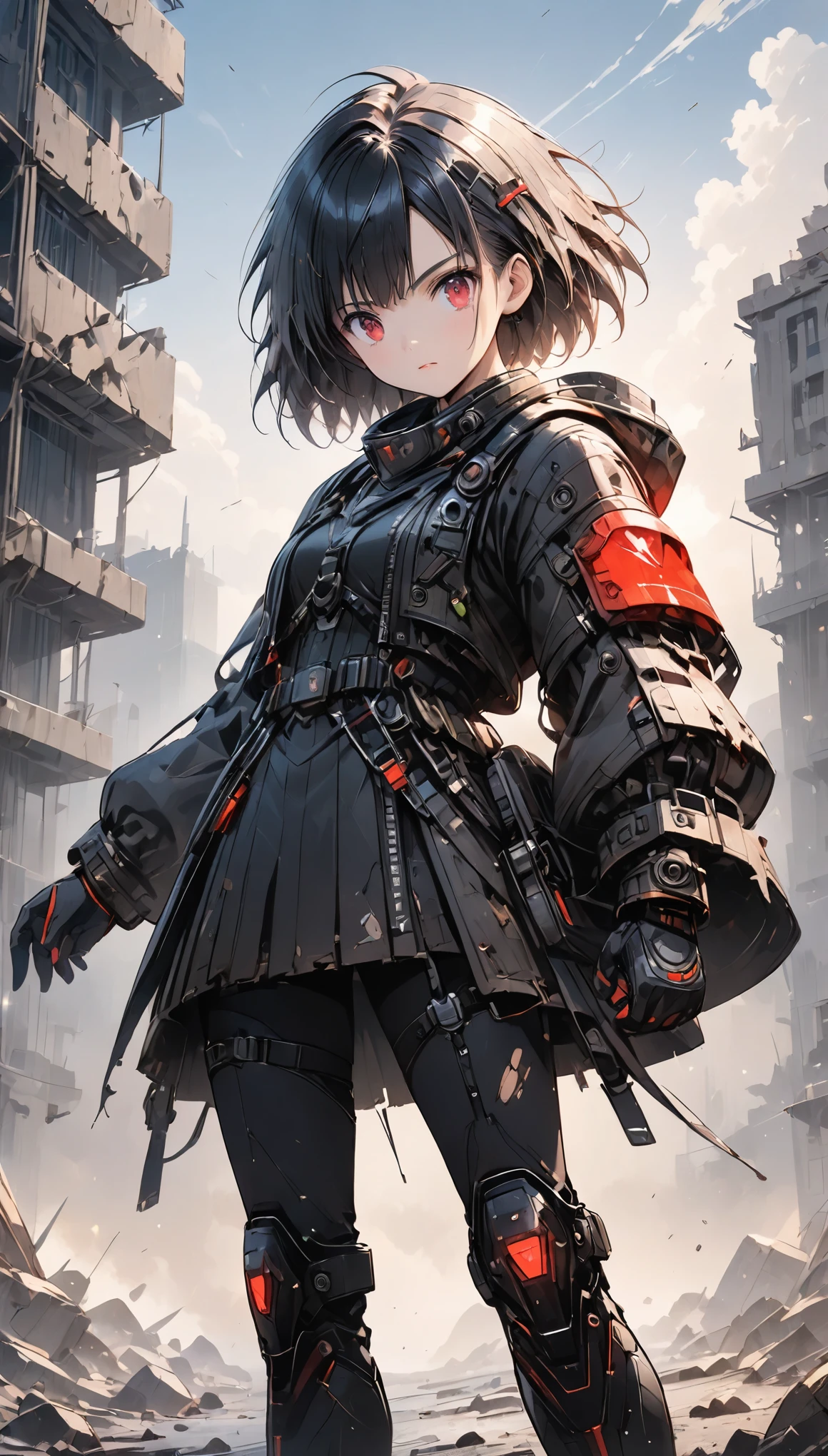 (anime style:1.4),(Detailed depiction of faces),超High resolution, Attention to detail, high quality, High resolution, 最high quality, 4K, 8K,A young female warrior in a high-tech black powered exosuit with glowing red LED accents, standing on rubble in a post-apocalyptic setting, photorealistic anime style, short black bob hairstyle, glowing red eyes, holding a rifle in one hand, ((wearing a tattered, billowing robe that is heavily damaged and frayed)), confident and fierce expression,cute,close-up