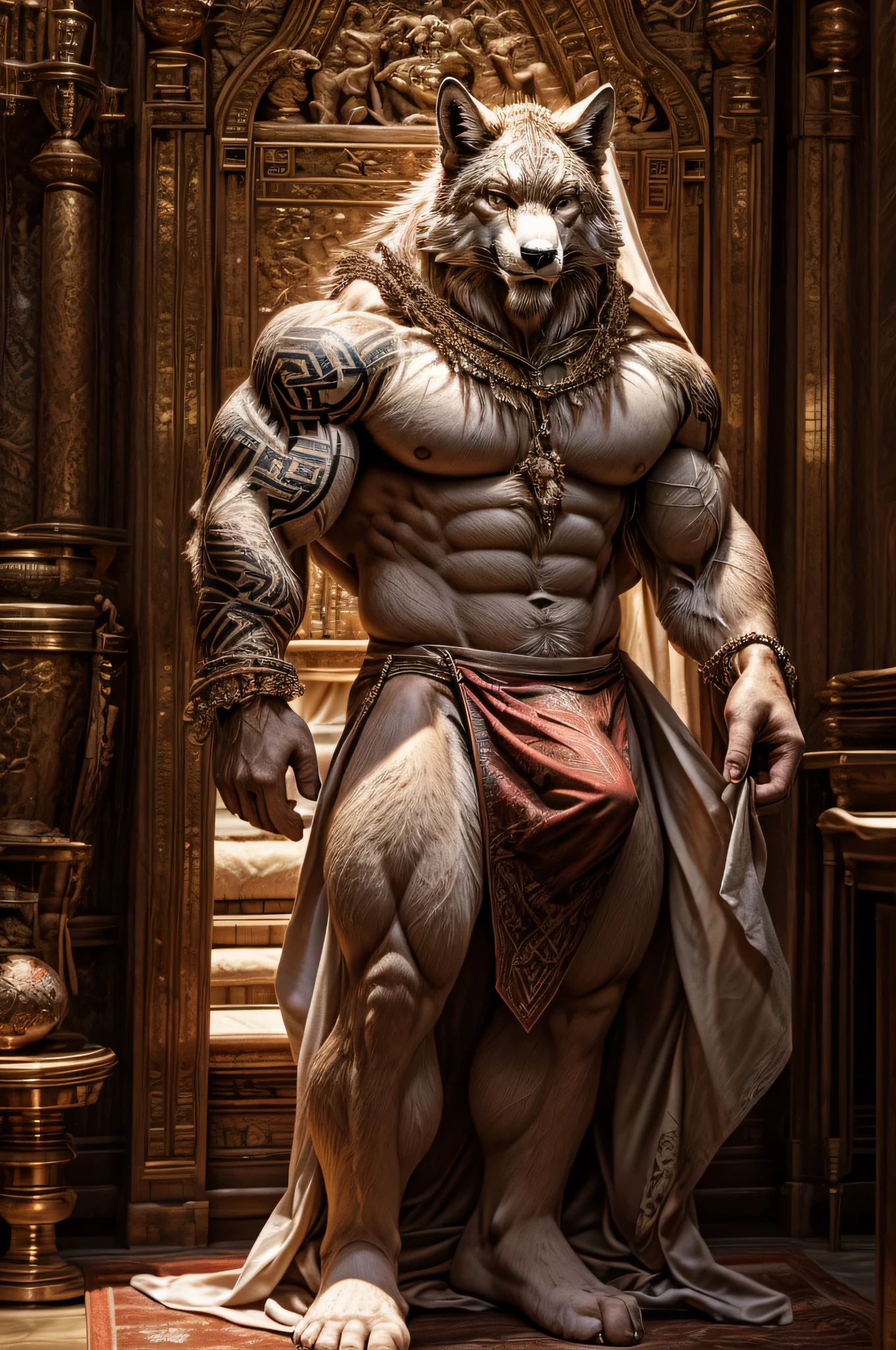 male, semen, white fox, (furry body,) high quality, realistic, muscular, massive, shrine, sacred, red tattoo, furry, masterpiece, (full nude, Luxurious small fundoshi, cum through cloth, Luxury accessories, erection under cloth,) divine,