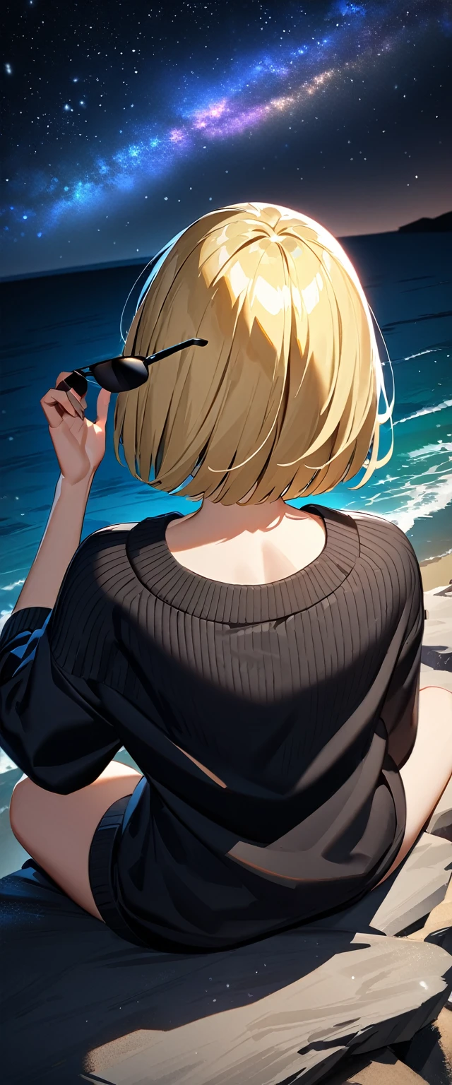 (((a beautiful starry sky, the Milky Way shining beautifully in the night))), ((bare legs)), (((sunglasses, hand to sunglasses))), ((Aran sweater)), ((((from back, from above)))), upper body, ((sitting on the very high cliff)), wavy hair, inward curled hair, sea, beach, ((blond hair, bob cut:1.3)), breasts, teenager, (looking at another), oversized clothes, puffy long sleeves, ((off-shoulder sweater:1.3, Quite thick shoulder straps)), ((black sweater)), collarbone, head tilt:1.3, (((blue eyes))), happy smile, (((anime style))), (best quality, 4K, 8K, highres, masterpiece:1.2, ultra-detailed, ultra-detailed eyes, HDR, uhd, studio lighting, ultra-fine painting, sharp focus, physically-based rendering, extreme detail description, professional, vivid colors, bokeh)