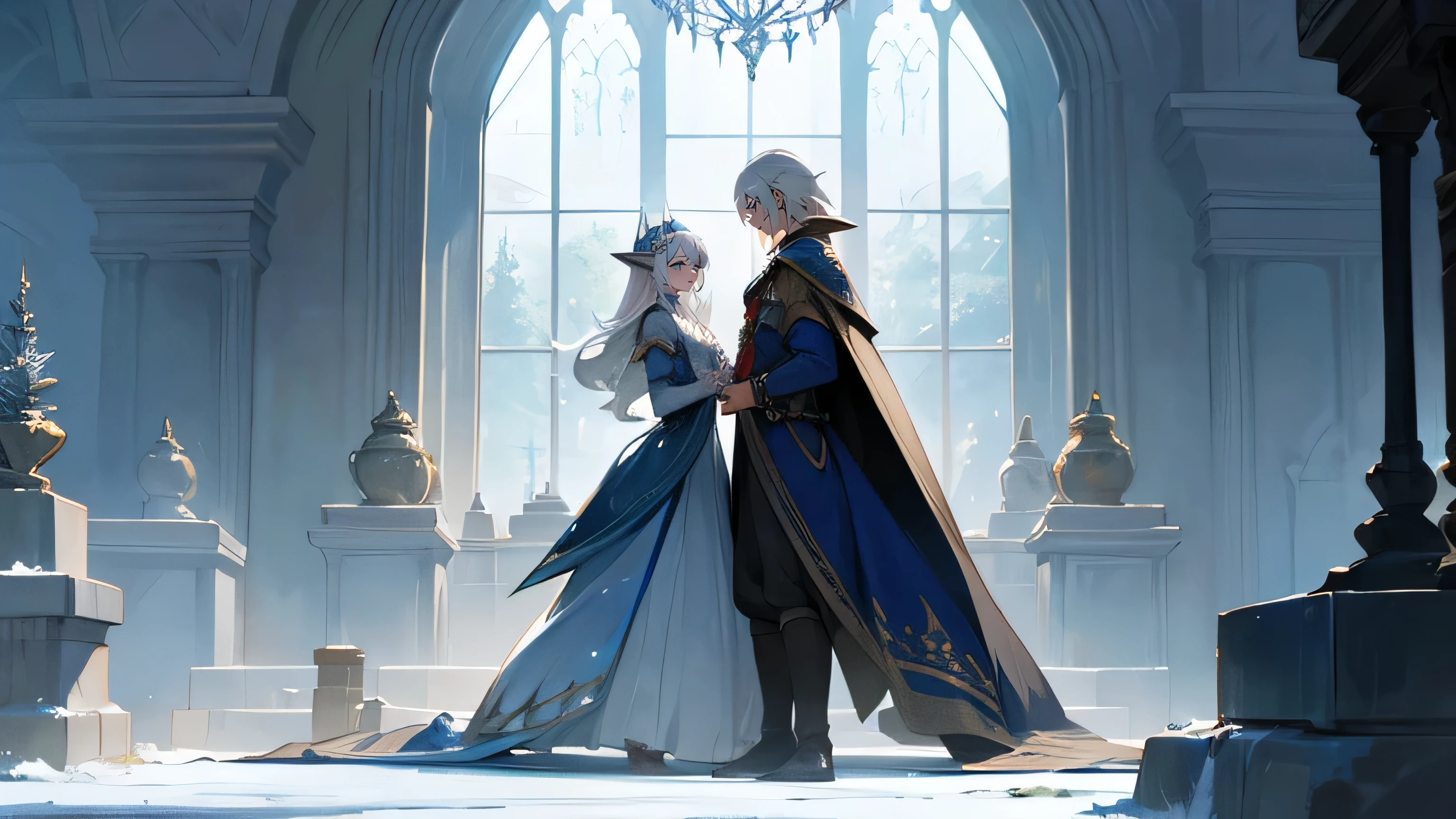 Brother and sister, elves, silver hair, Blue eyes, Aristocrats, fantasy, stone room, fantasy, Middle Ages, stately persons, outside the window there are winter expanses and dark trees, cold, romance, Nice dress
