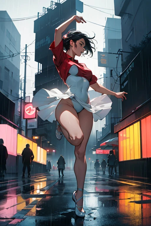 Heavy Rain、heavy rain、Lift your legs high、Dancing Ballet、Girl、Dynamic composition、Vibrant colors, Bold brushstrokes, High contrast shadows. In the foreground, 