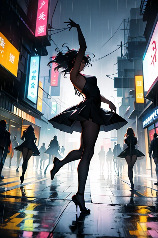 Heavy Rain、heavy rain、Lift your legs high、Dancing Ballet、Girl、Dynamic composition、Vibrant colors, Bold brushstrokes, High contrast shadows. In the foreground,