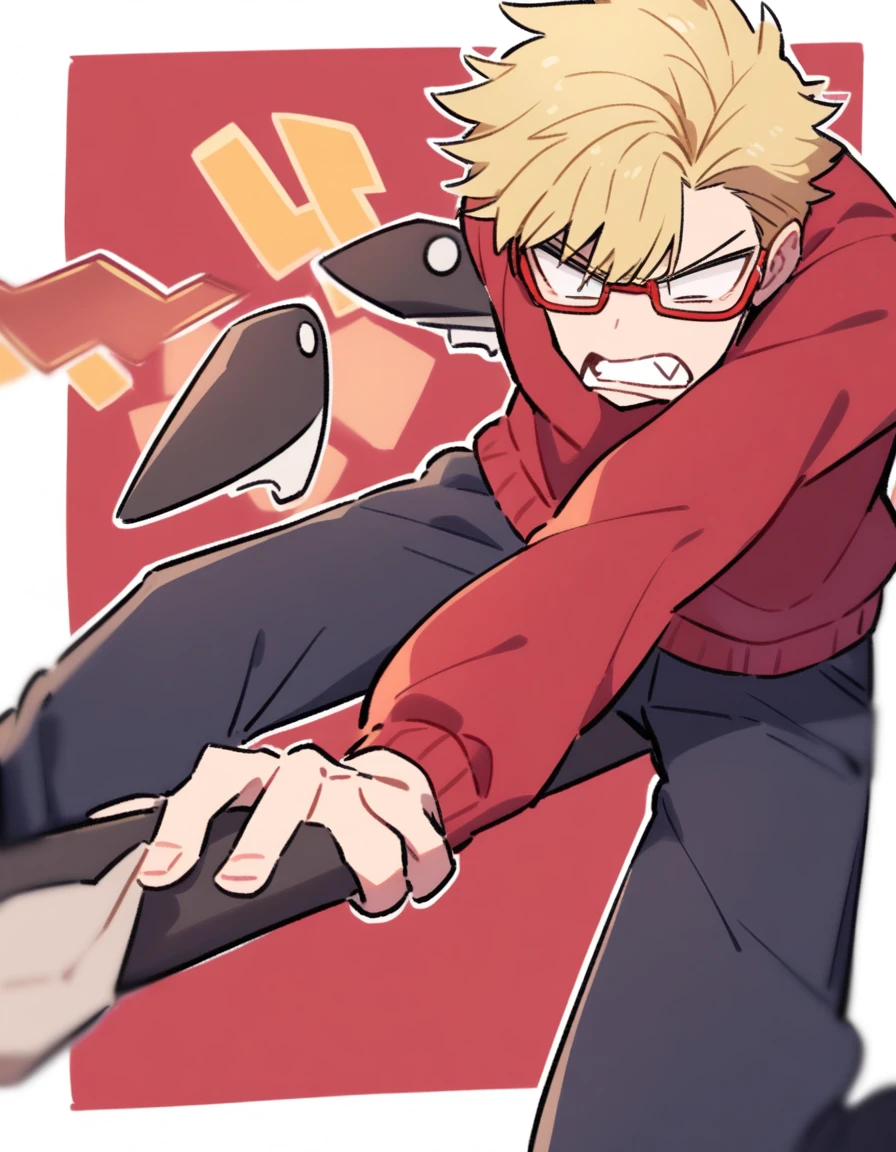 a slightly angry boy with blond hair, red glasses, a red sweater and a dark blue pontoon