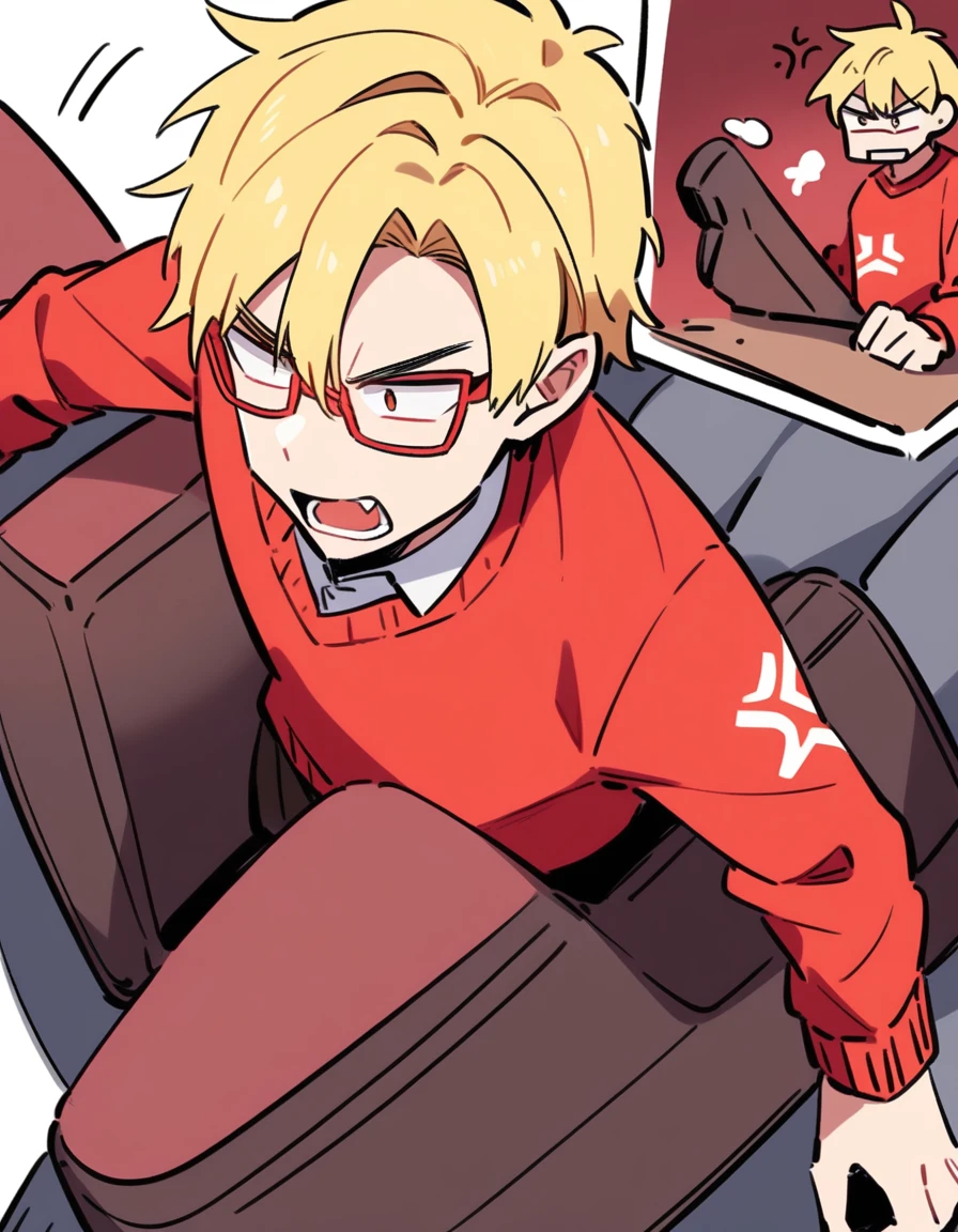 a slightly angry boy with blond hair, red glasses, a red sweater and a dark blue pontoon