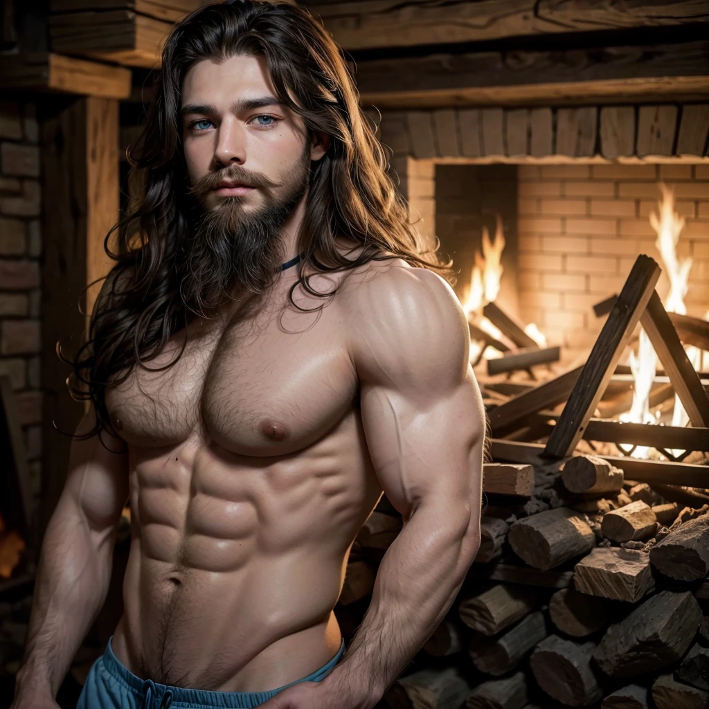 Muscle god blue eyes long hair curly hair beard in the fire