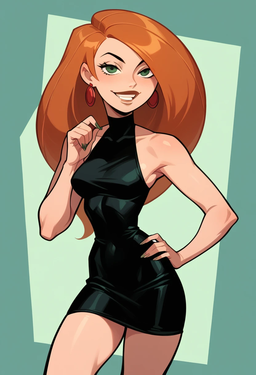 kim_possible, black_dress, short_dress, hand_on_own_hip, solo, seductive_smile,