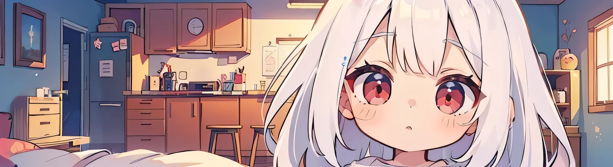 ((((1girl:1.5)))), white hair, red eyes, long hair, (collarbone:1.4), (animation style), (2d, chibi, cute, cute, small , big eyes), skin color white, think about something, background/(in the room ,modern pink girl's room, bed, Soft mood lighting), ((a single rose))