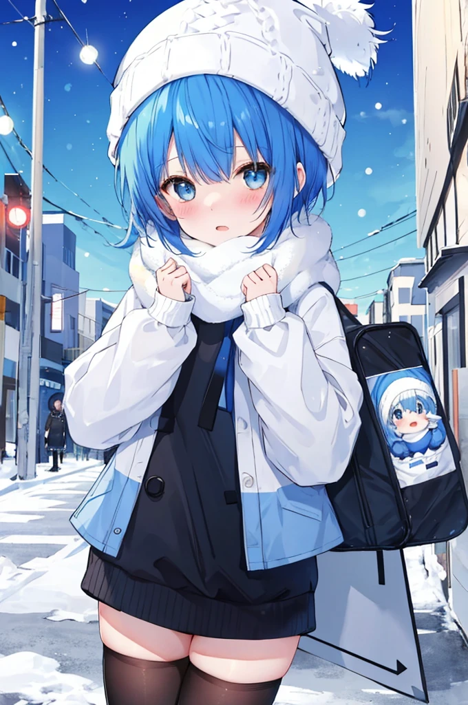 Girl、Blue hair short、Black winter clothes、White knit hat、stockings、Embarrassed