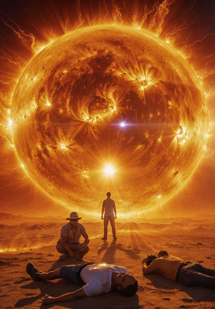 Real image of the intense heat caused by solar flares, people suffer from heat lying down. Photorealism, full view, highly detailed image, very realistic, hyperrealism, Ultra HD, 8k, 5, sharp focus, intricate and mysterious masterpiece. (Long exposure photography Artistic illustration close-up portrait very detailed: final quality, medium shot, backlight, Rich and striking. Enigmatic and mysterious manipulations (composition of the rule of thirds), ((detailed environment with strong lines) The best quality, in camera, white light, warm and clean aesthetics, dazzling screen composed of millions of brilliant ultraviolet rays, HDR.
