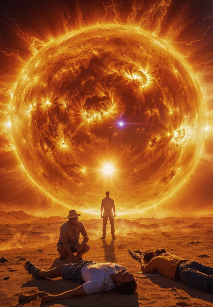 Real image of the intense heat caused by solar flares, people suffer from heat lying down. Photorealism, full view, highly detailed image, very realistic, hyperrealism, Ultra HD, 8k, 5, sharp focus, intricate and mysterious masterpiece. (Long exposure photography Artistic illustration close-up portrait very detailed: final quality, medium shot, backlight, Rich and striking. Enigmatic and mysterious manipulations (composition of the rule of thirds), ((detailed environment with strong lines) The best quality, in camera, white light, warm and clean aesthetics, dazzling screen composed of millions of brilliant ultraviolet rays, HDR.